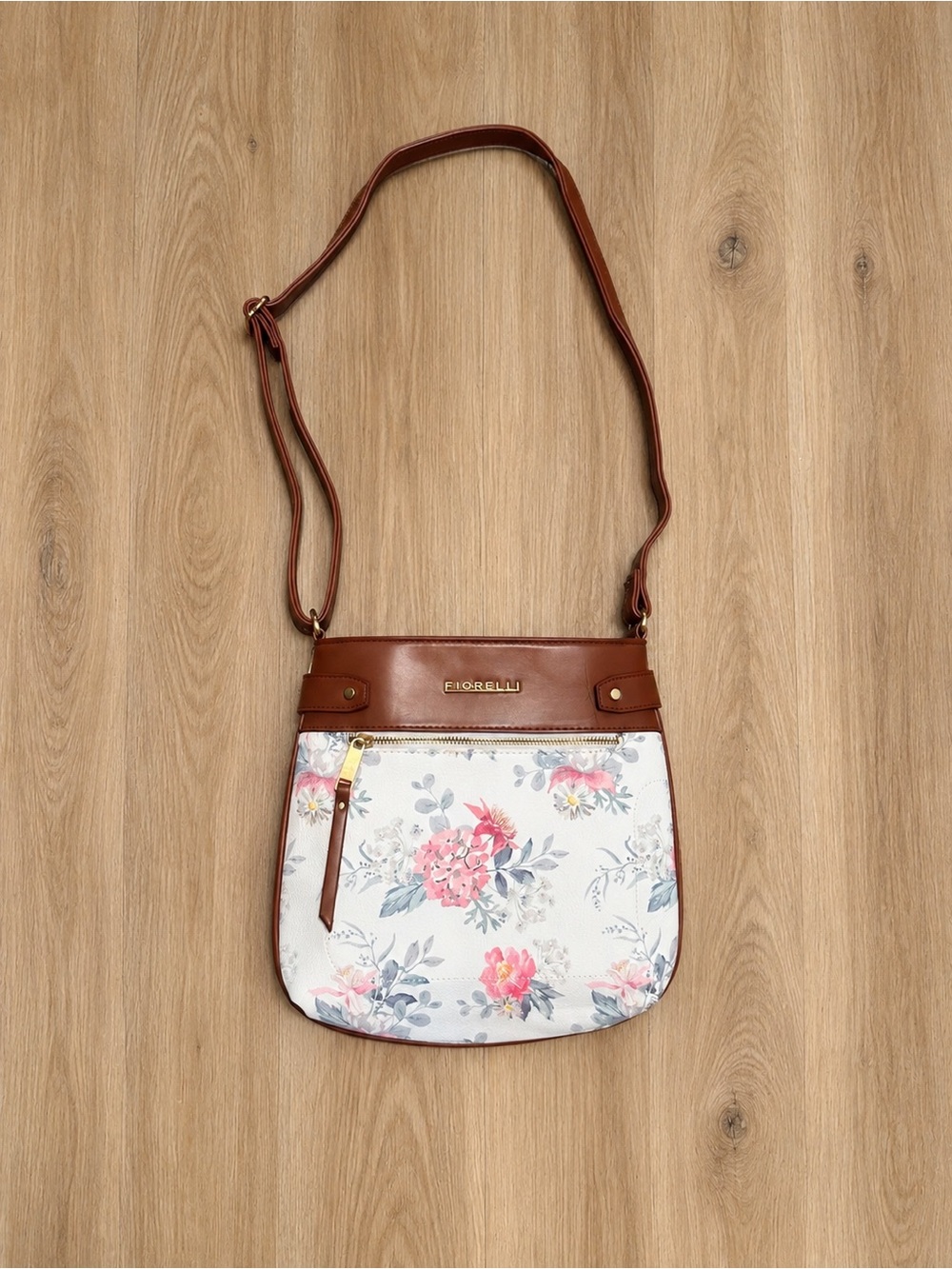 Fiorelli White Floral Crossbody with Brown Trim